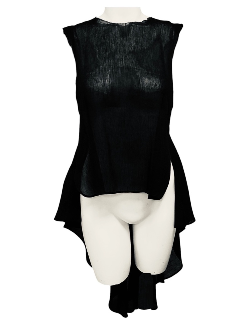 KHAITE BLACK HIGH LOW SLEEVELESS LINEN TOP